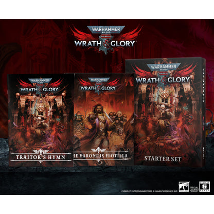 The Traitor’s Hymn and Varonius Flotilla rule booklets alongside the Wrath and Glory Starter Set box. Christchurch, NZ.