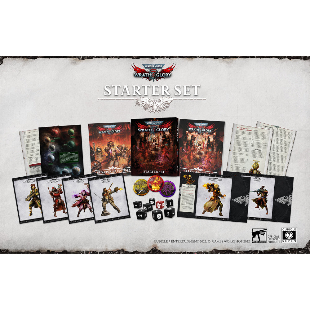 An overhead view of all included contents in the Warhammer 40k Wrath and Glory RPG Starter Set box. Christchurch, NZ.