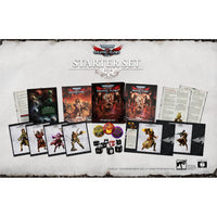 An overhead view of all included contents in the Warhammer 40k Wrath and Glory RPG Starter Set box. Christchurch, NZ.