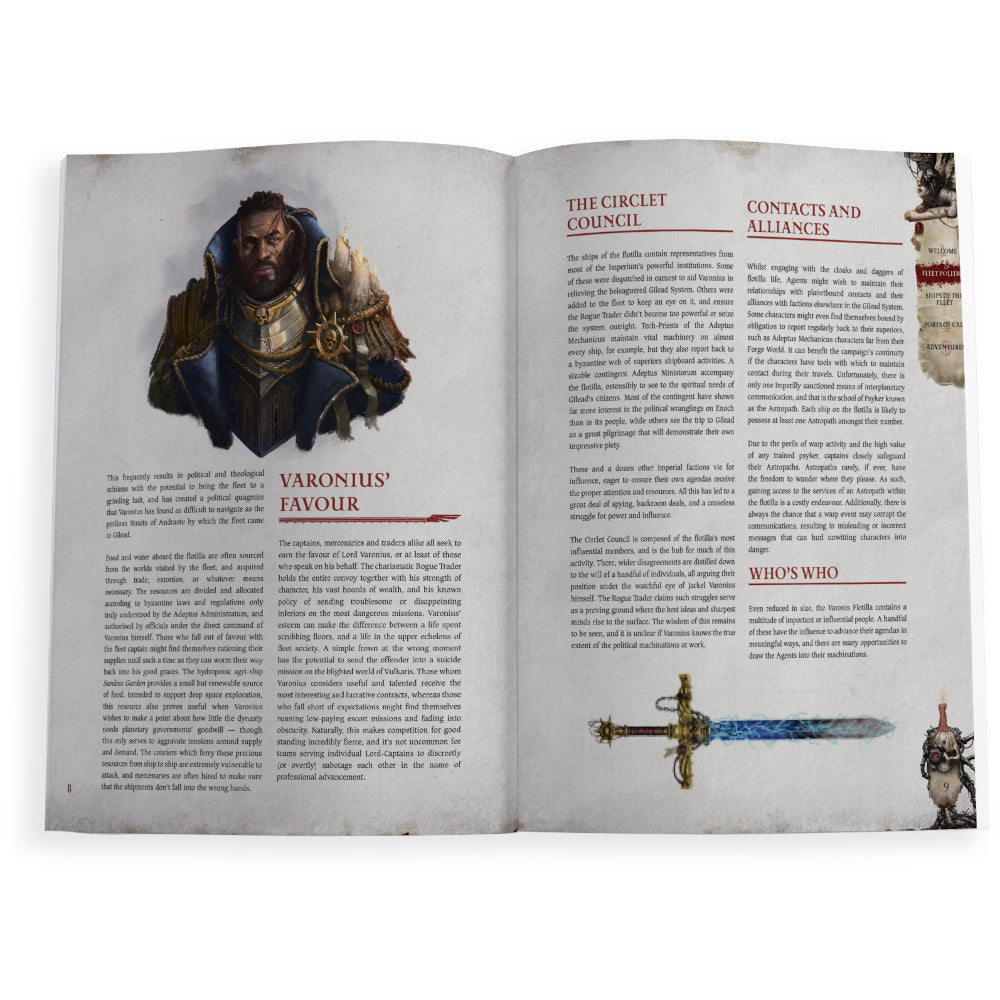 An open page preview showcasing the Varonius Flotilla character portrait artwork in the Wrath and Glory Starter Set. Christchurch, NZ.