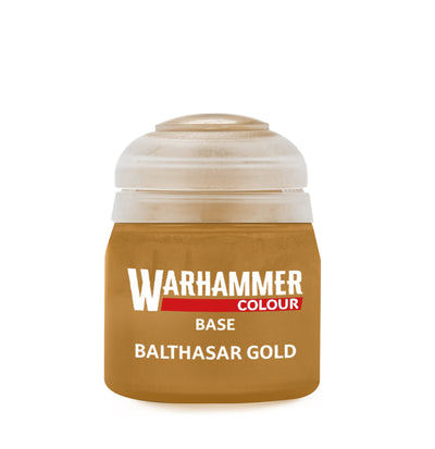 The official retail product paint pot for Warhammer Colour Base: Balthasar Gold.