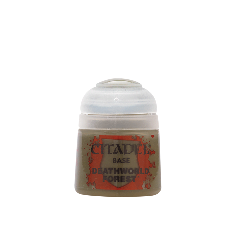 The official retail product paint pot for Warhammer Colour Base: Deathworld Forest.