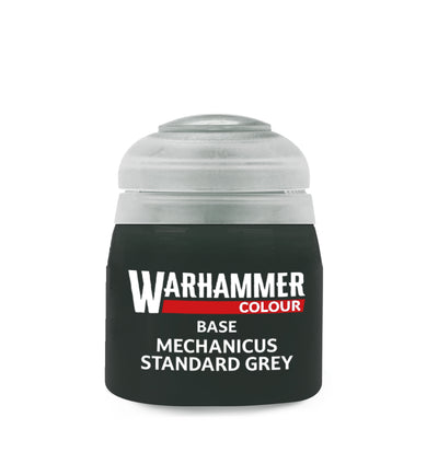 The official retail product paint pot for Warhammer Colour Base: Mechanicus Standard Grey.