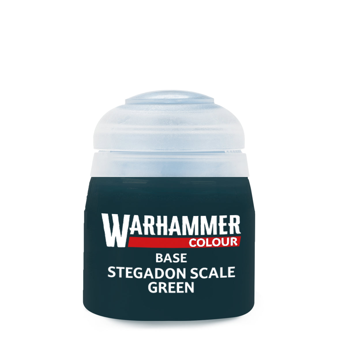 The official retail product paint pot for Warhammer Colour Base: Stegadon Scale Green.