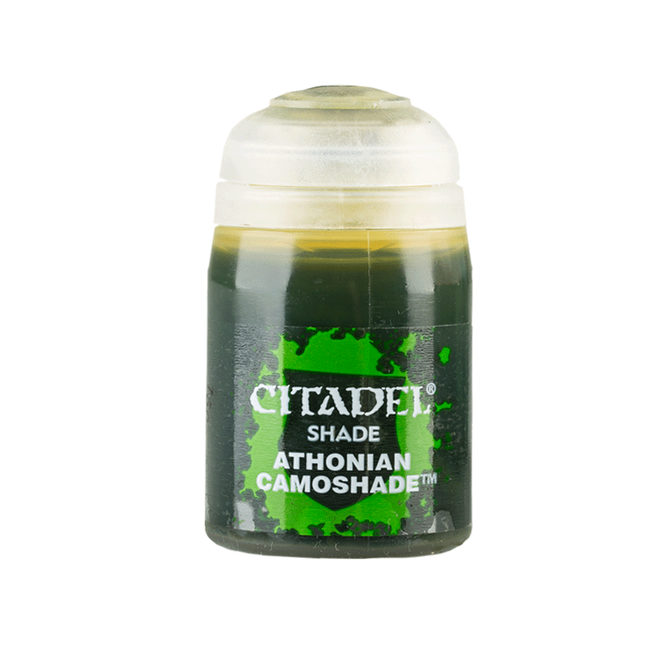 The official retail product paint pot for Warhammer Colour Shade: Athonian Camoshade.