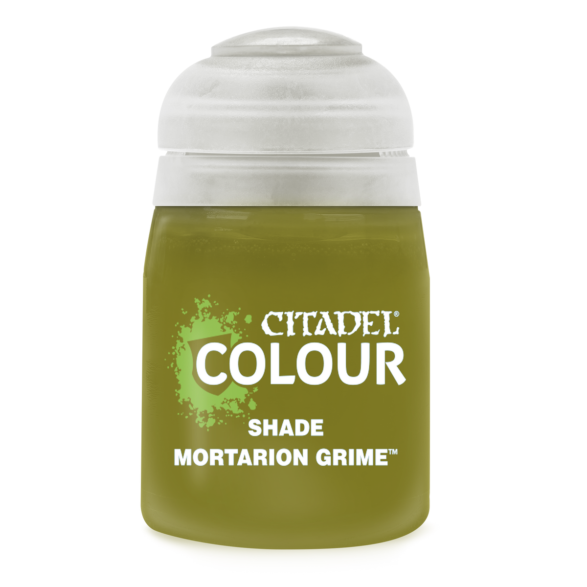 The official retail product paint pot for Warhammer Colour Shade: Mortarion Grime.