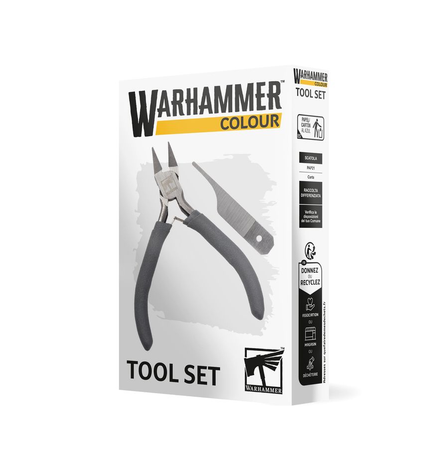 The official retail product box for the Warhammer Colour Tool Set, displaying the clippers and mouldline scraper tools.