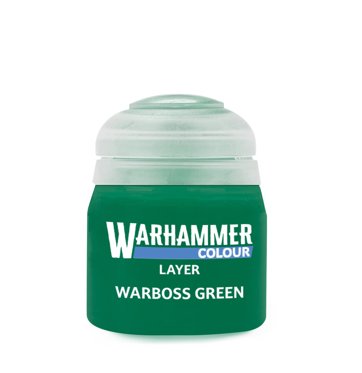 The official retail product paint pot for Warhammer Colour: Warboss Green.