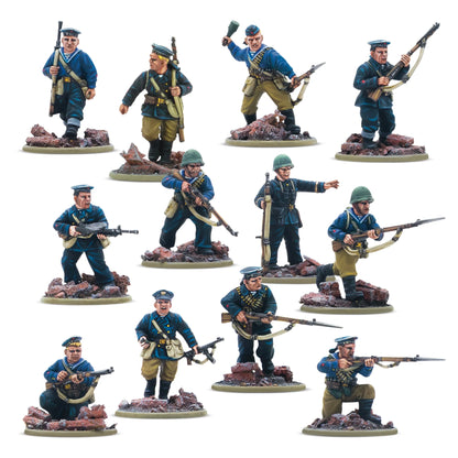Twelve painted Warlord Resin Soviet Naval Brigade miniatures including an NCO with SMG, one LMG soldier, and ten riflemen.