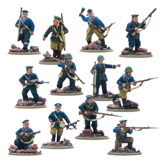 Twelve painted Warlord Resin Soviet Naval Brigade miniatures including an NCO with SMG, one LMG soldier, and ten riflemen.