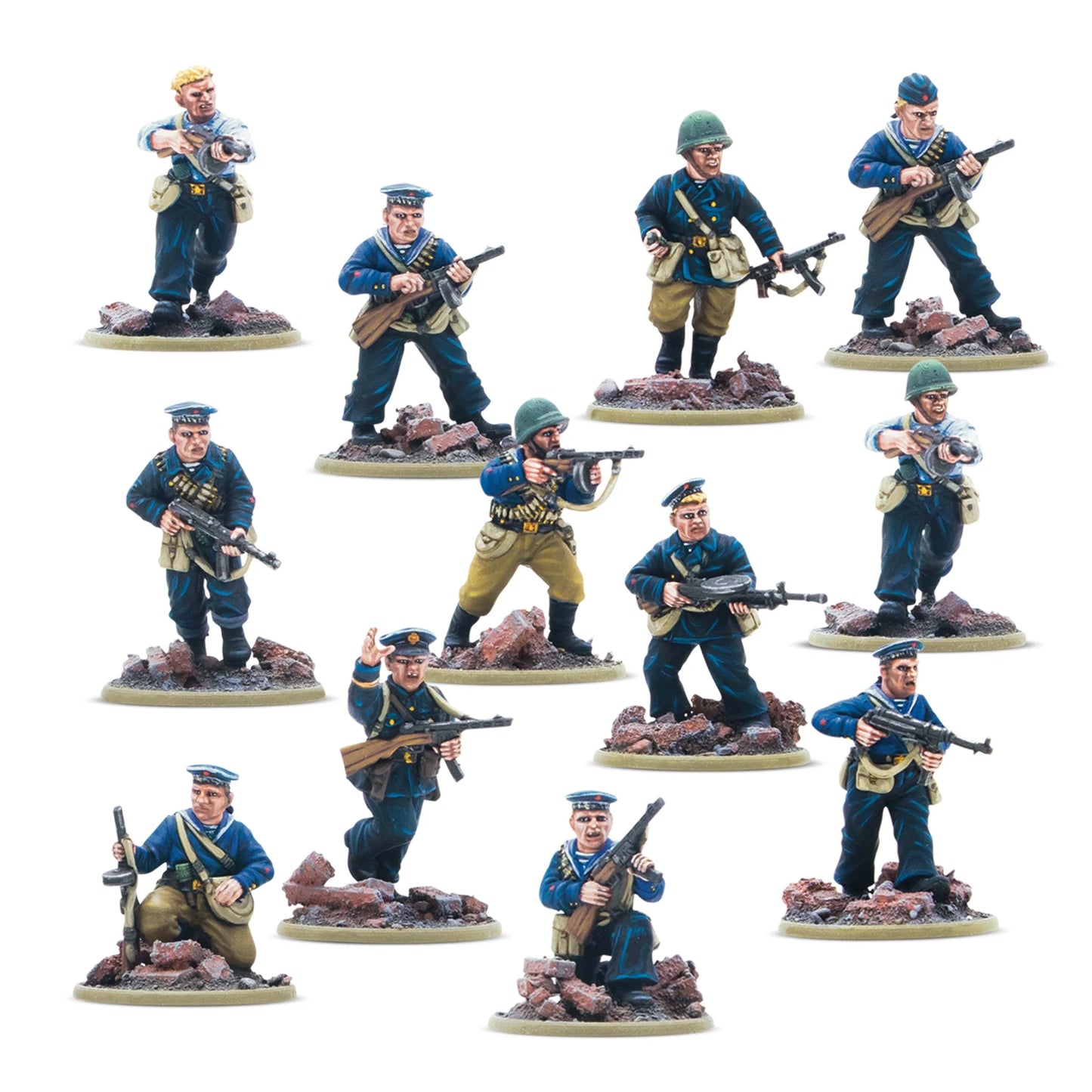 Twelve painted Warlord Resin Soviet Naval Brigade Veteran miniatures in iconic black uniforms with various WWII infantry weapons.