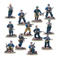 Twelve painted Warlord Resin Soviet Naval Brigade Veteran miniatures in iconic black uniforms with various WWII infantry weapons.