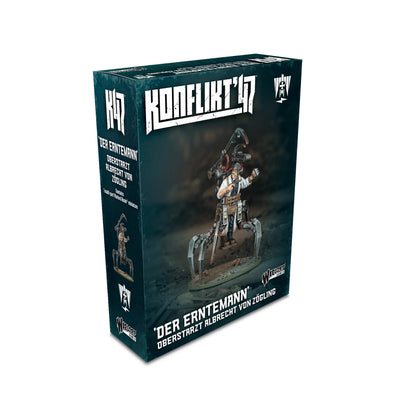 Retail box for Konflikt '47 Axis character Der Erntemann, Oberstarzt Albrecht von Zögling, featuring a Warlord Resin miniature.