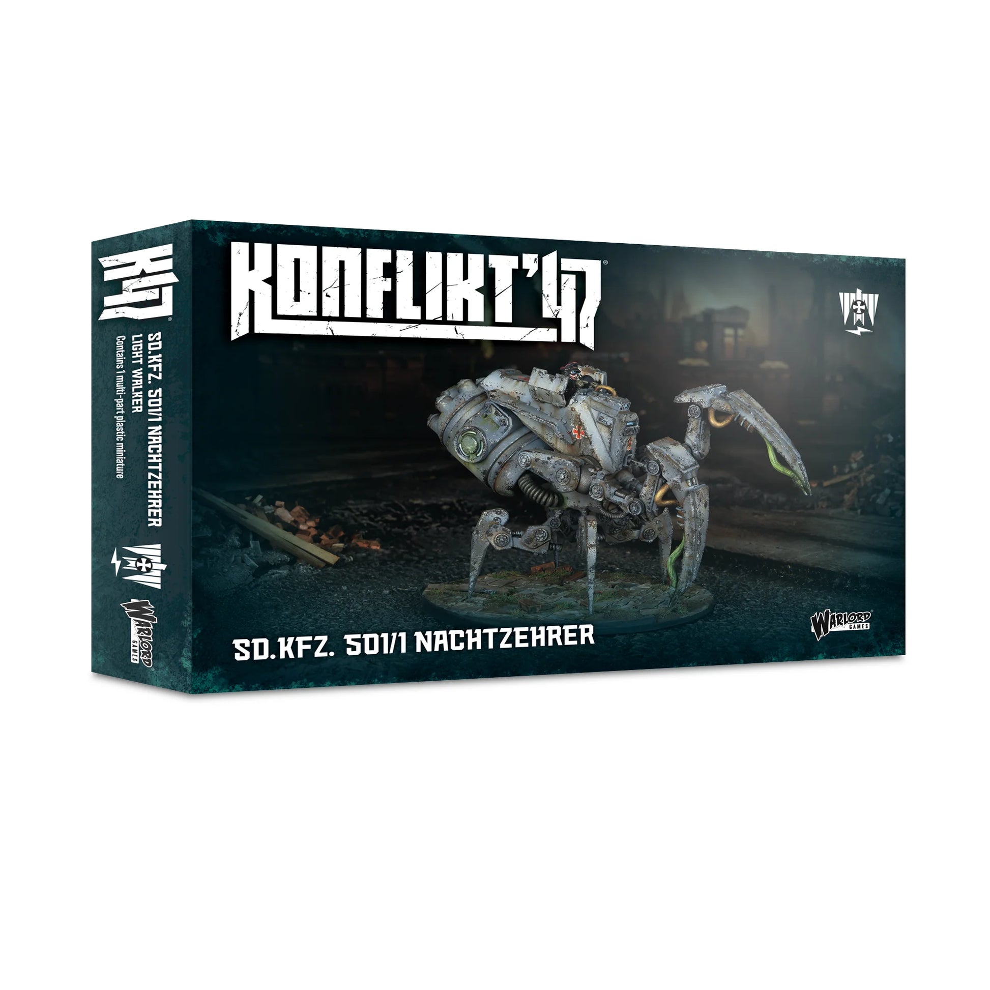 Official retail box for the Axis Sd.Kfz. 501/1 Nachtzehrer light walker for Konflikt '47, featuring a winter-camouflaged walking machine.