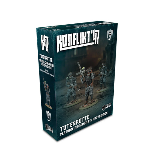 Retail box for the Konflikt '47 Totenrotte Platoon Commander and Bodyguards, showing three Warlord Resin miniatures.
