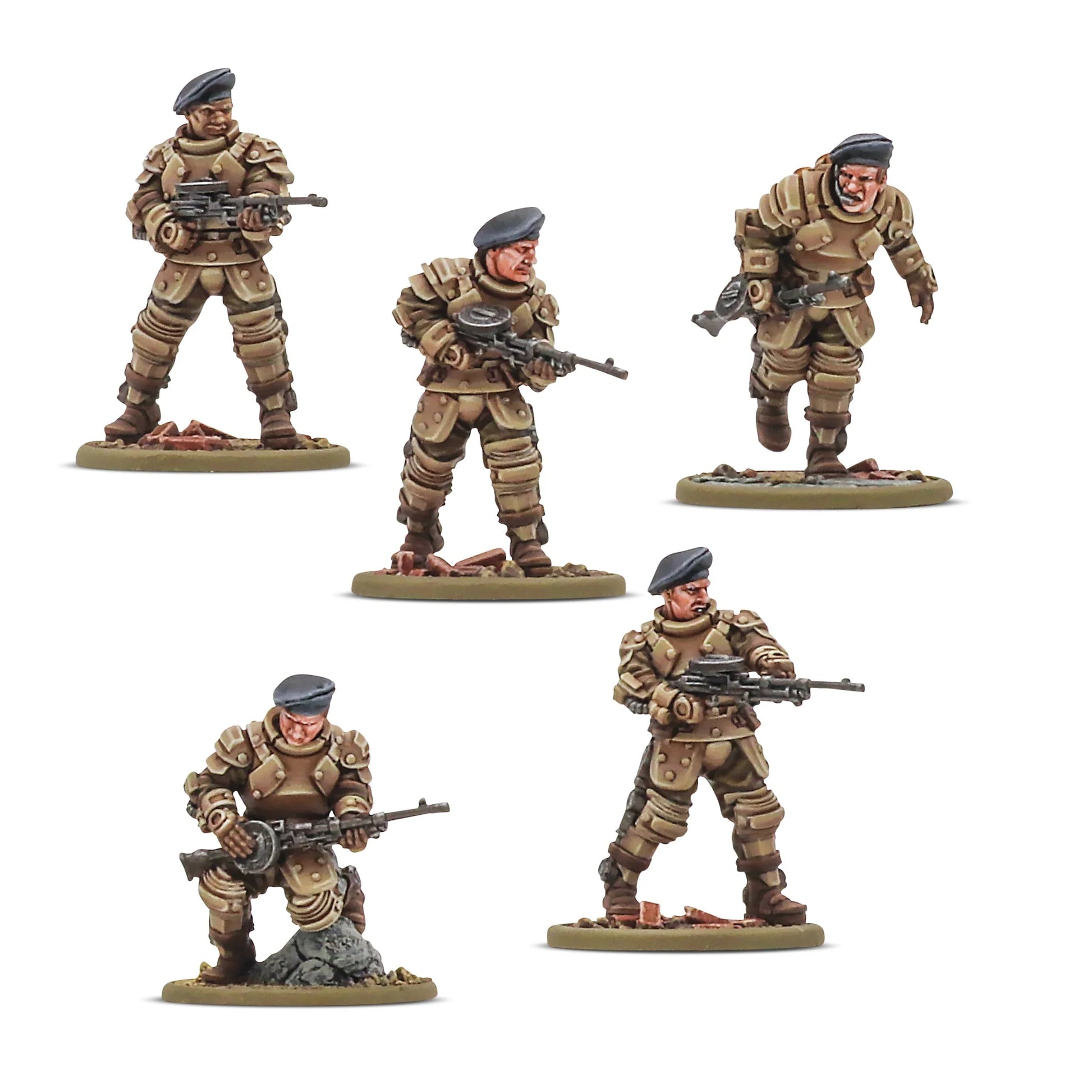 Five painted Warlord Resin Galahad Armoured Infantry miniatures for the British Commonwealth, each armed with a light machine gun.