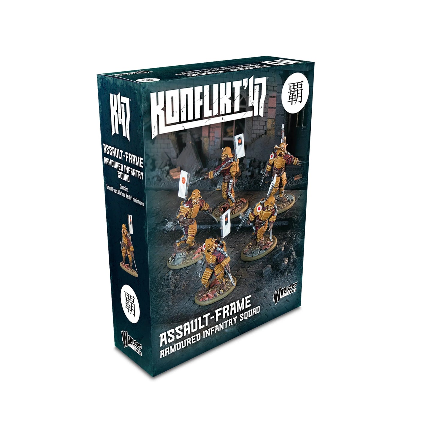 Official retail box for the Konflikt '47 Assault-Frame Armoured Infantry Squad for the Empire of Japan faction by Warlord Games.