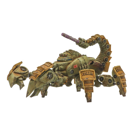 A painted 28mm scale Type 7 Sasori Light Walker for the Empire of Japan in Konflikt '47, featuring an articulated tail with a Shiboru Cannon.