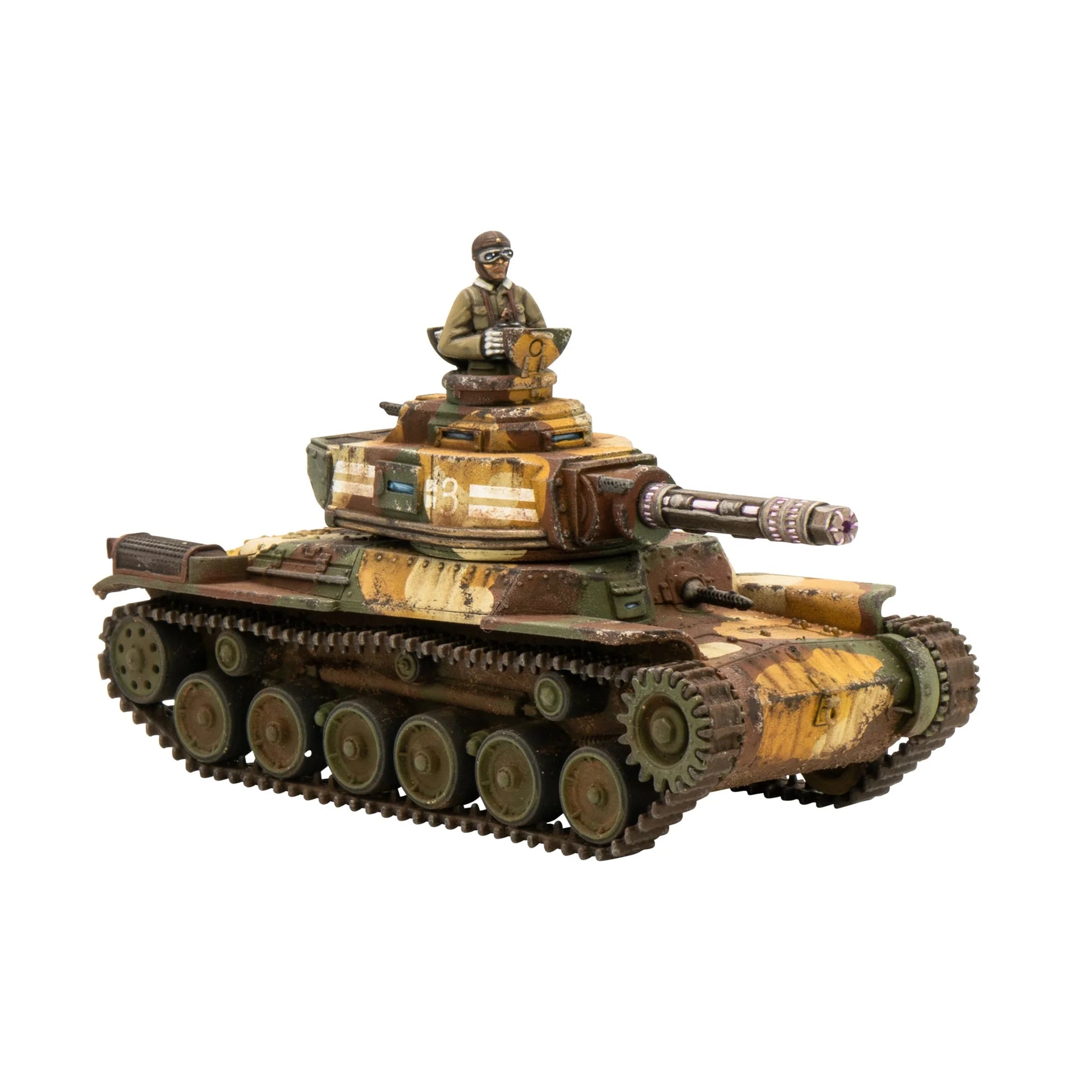 A painted 28mm scale Type 97-Kai Shiboru Chi-Ha light tank for the Empire of Japan in Konflikt '47, featuring a three-color camo and compression cannon.
