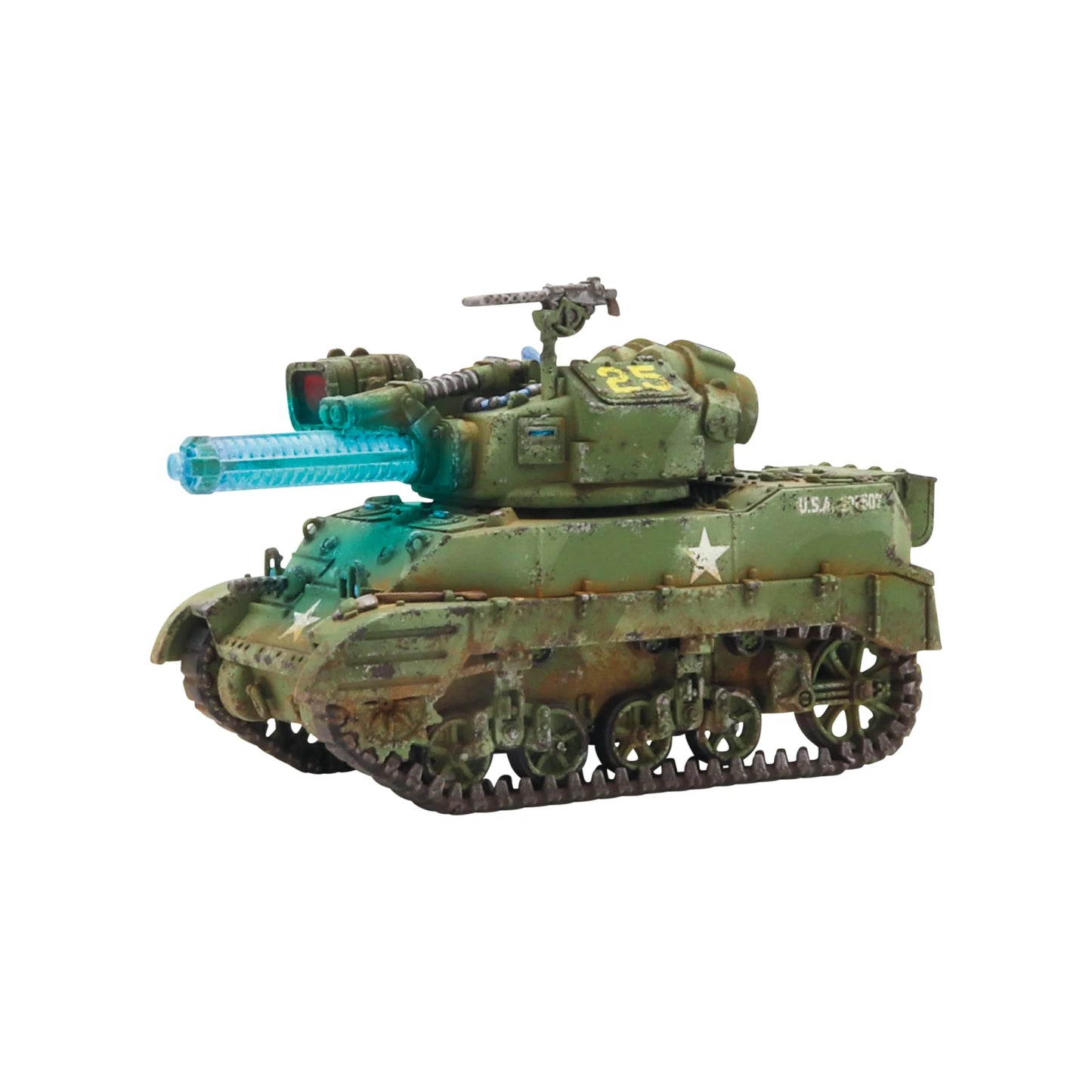 A painted 28mm scale M5A2(T) Stuart Light Tank for Konflikt '47, featuring a specialized turret with a Light Tesla Cannon.