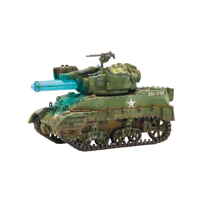 A painted 28mm scale M5A2(T) Stuart Light Tank for Konflikt '47, featuring a specialized turret with a Light Tesla Cannon.