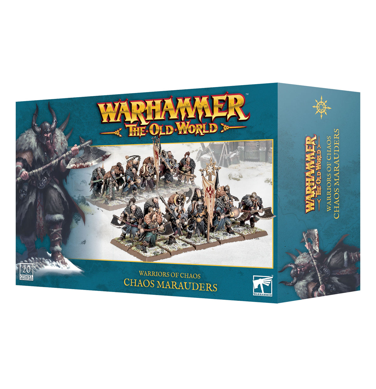 The official retail product box for the Warriors of Chaos: Chaos Marauders miniature kit, displaying a large group of frenzied northern infantry.