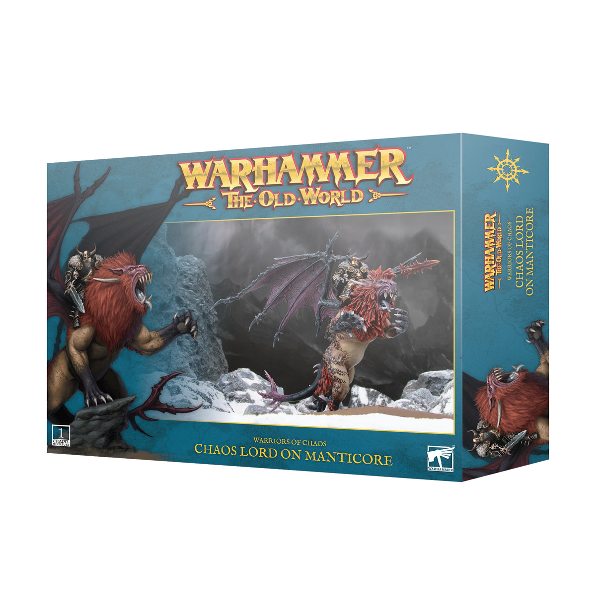 The official retail product box for the Warriors of Chaos: Lord on Manticore miniature kit, featuring the fully assembled and painted monstrous warlord model.