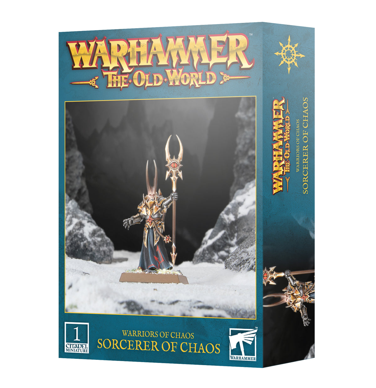 The official retail product box for the Warriors of Chaos: Sorcerer of Chaos miniature kit, showing the dark wizard model holding a staff.