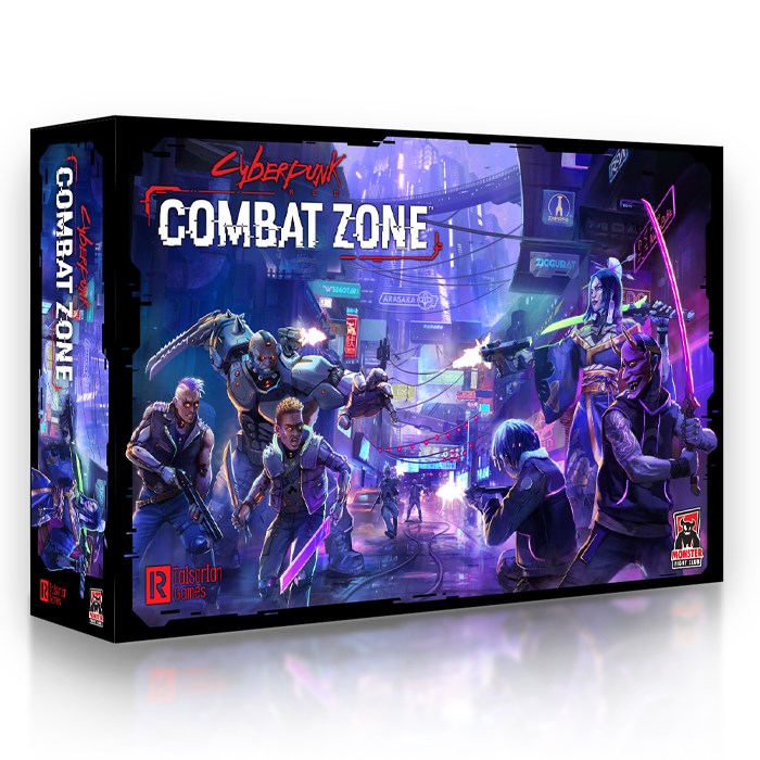 Cyberpunk RED Combat Zone Core Game retail box art displaying Maelstrom and Tyger Claws gangs clashing in a neon city street. Christchurch, NZ.